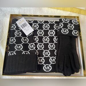 Michael Kors Black and White Knit Hat, Scarf and Gloves set
